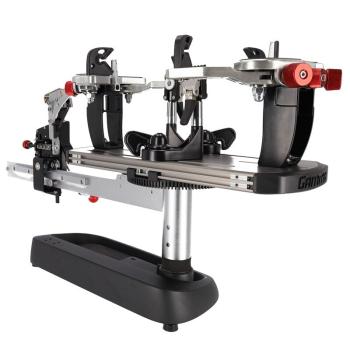 Preview: Gamma Momentum ST tabletop stringing machine in elevated three-quarter view with crank on the left