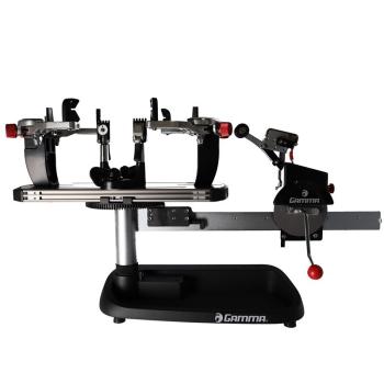 Gamma Momentum ST tabletop stringing machine in side view with crank on the right