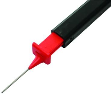 Preview: Gamma Pathfinder stringing awl opened in angled view with hollow needle and red guide