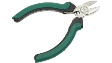 Side cutter for racquet stringing in angled view with green and black handle and short cutting head
