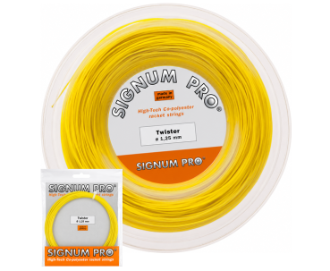 Signum Pro Twister yellow tennis string as a 200 m reel and 12 m