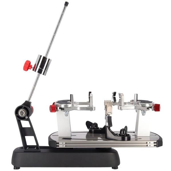 Gamma Momentum 6 Plus stringing machine side view with drop-weight tensioner on the left