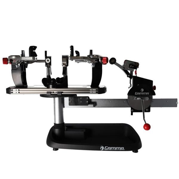Gamma Momentum ST tabletop stringing machine in side view with crank on the right