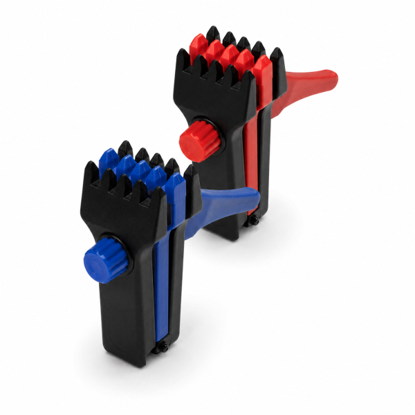 Gamma floating clamp shown in overlapping blue-black and red-black versions