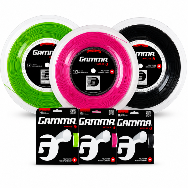 Gamma Moto tennis string as a string set and 200 m reel in black, lime and pink