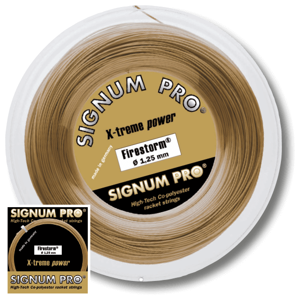 Signum Pro Firestorm tennis string in Gold Metallic as a string set and 200 m reel