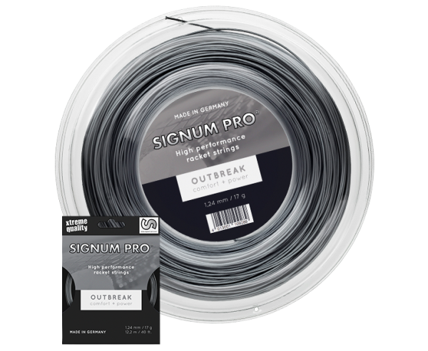Signum Pro Outbreak anthracite tennis string as a 200 m reel and 12.2 m set