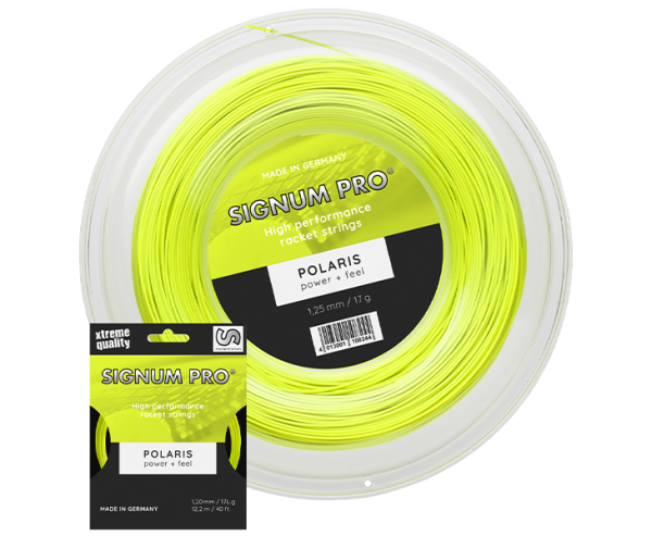 Signum Pro Polaris yellow tennis string as a 200 m reel and 12.2 m set