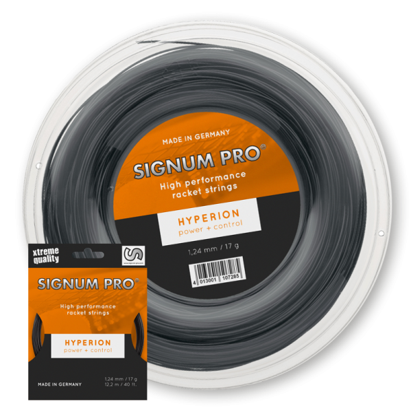 Signum Pro Hyperion Tennissaite als 12,2-m-Saiten-Set und 200-m-Rolle in Diamant-Schwarz