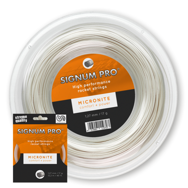 Signum Pro Micronite tennis string as a 12.2 m string set and 200 m reel in transparent