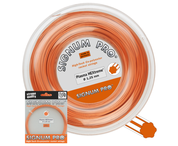 Signum Pro Plasma HEXtreme tennis string as a 12.2 m string set and 200 m reel in pearl orange