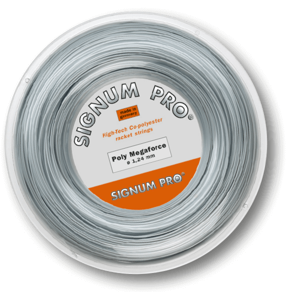 Signum Pro Poly Megaforce tennis string as a reel in light silver