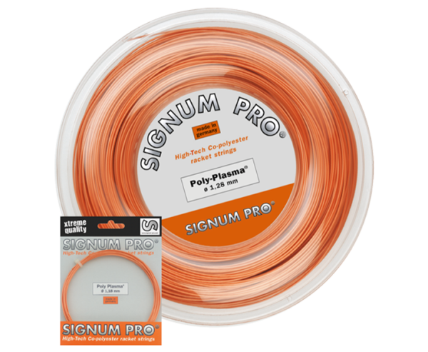 Signum Pro Poly Plasma tennis string as a 12.2 m string set and 200 m reel in pearl orange