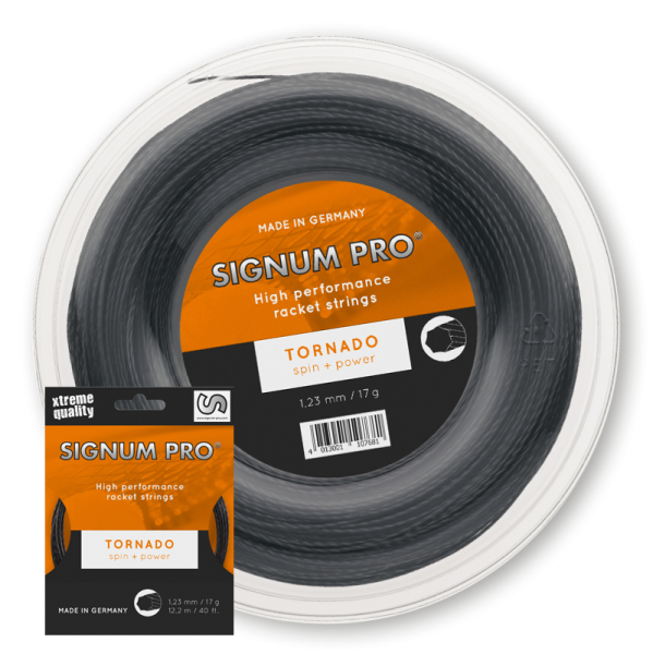 Signum Pro Tornado tennis string as a 12.2 m string set and 200 m reel in anthracite