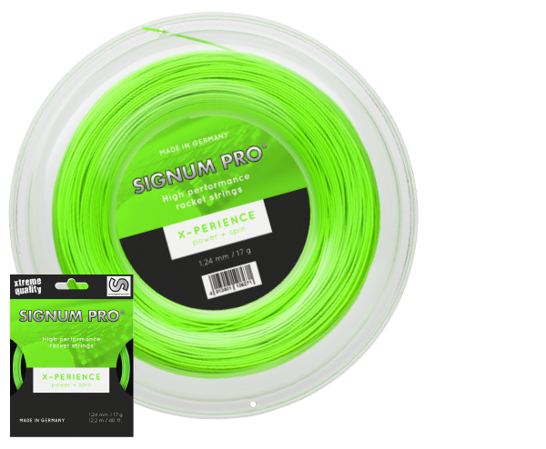 Signum Pro X-Perience tennis string as a 12.2 m string set and 200 m reel in bright green